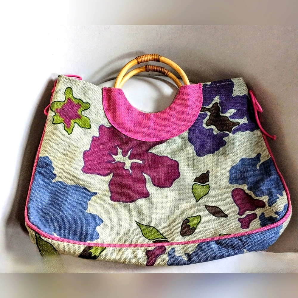 Cottagecore Boho Market Tote Floral Burlap Tote Bag Wooden Handles Zipper Pouch
